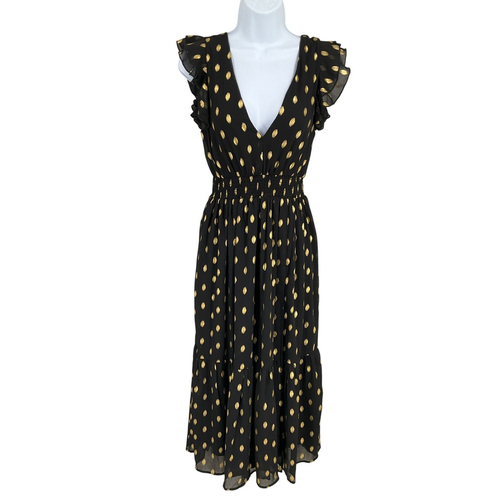 Lulus Midi Dress Women XS‎ Black Gold Metallic Polka Dot Smocked Tiered Flowy